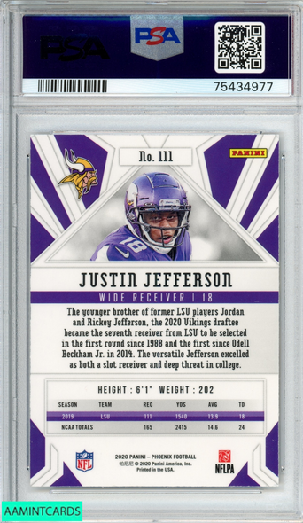 2020 PANINI PHOENIX JUSTIN JEFFERSON #111 FIRE BURST ROOKIE RC PSA 10 GEM MT 75434977